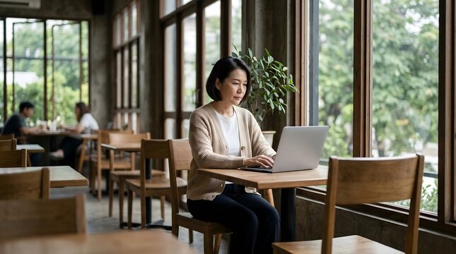 Professional Asian businesswoman working on laptop inside modern coffee shop