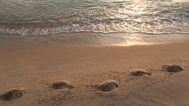 Footprints on Gangneung Beach with Real ASMR Audio.
A serene 4K long take of peaceful sunrise waves gently washing over footprints on the sandy beach of Gangneung, South Korea, on June 14, 2026.