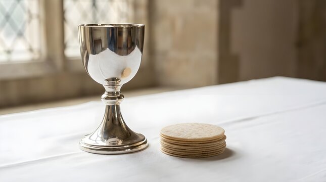 Communion Wafers and Chalice on White Altar Cloth
