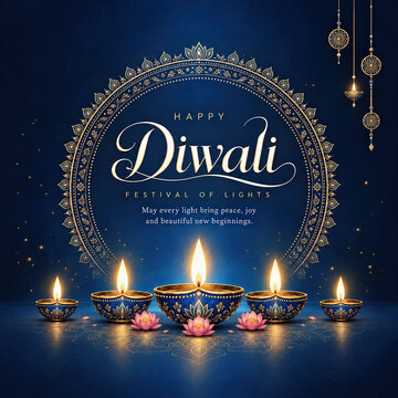 Happy Diwali Festival of Lights Design with Ornate Gold Mandala Circle Frame, Hanging Ornaments and Painted Diya Lamps on Blue Background, Indian Diwali Peace Joy and New Beginnings Concept