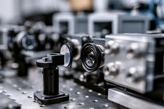 Advanced optical table setup with lenses and mirrors mounted on a breadboard for laser experiments.