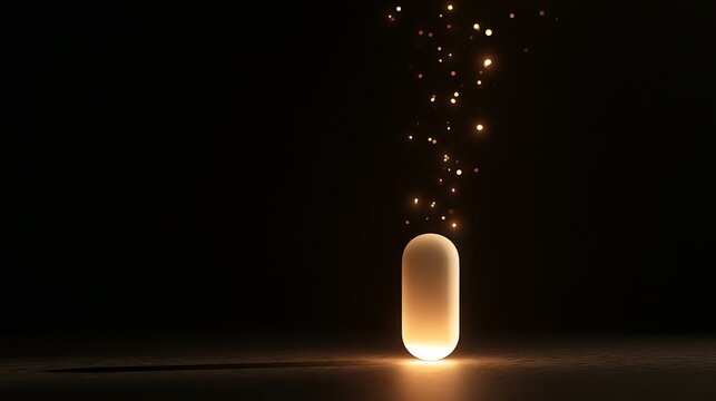 Minimalist capsule-shaped light emitting glowing particles against dark void background, futuristic tech concept for sleek innovation