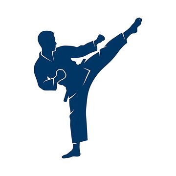 Blue silhouette of a martial artist performing a high side kick on a white background