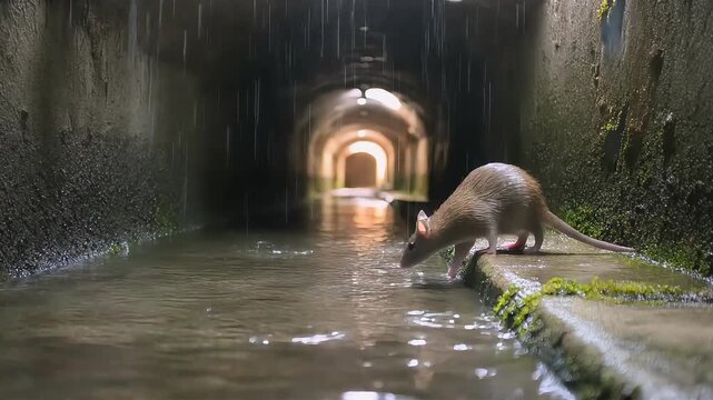 Small brown rat stands quietly on the damp stone ledge within a dark concrete tunnel during light rainy motion footage