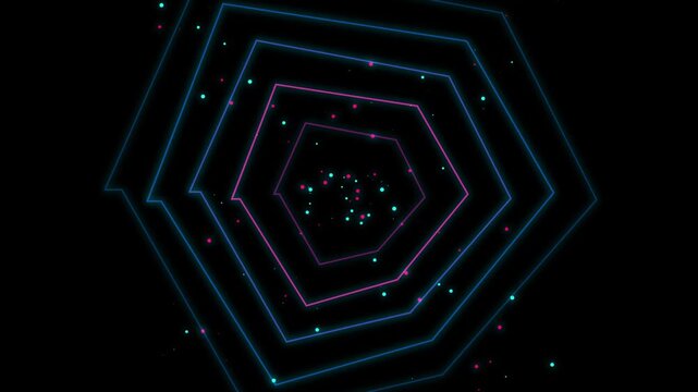 Abstract Neon Pentagonal Tunnel With Glowing Particle Matrix Animation For Futuristic Technology Concepts And High Energy Digital Background Displays.