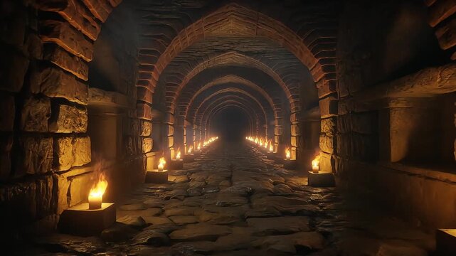 Stone dungeon corridor featuring flickering wall torches illuminating a dark mysterious underground stone pathway in this cinematic atmospheric animation motion video