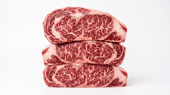 Raw wagyu ribeye steaks stacked high showcasing beautiful fat marbling texture isolated on white background