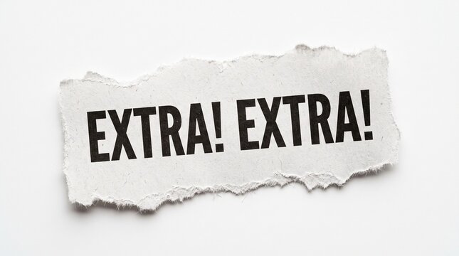 Torn newspaper clipping displaying black bold text reading extra extra with rough edges on white background