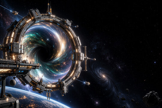 Futuristic Space Gateway With Glowing Wormhole and Earth