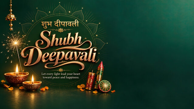 Shubh Deepavali Festive Greeting with Golden Diya Oil Lamps, Hanging Fairy Lights and Gold Coin Ornament on Dark Green Background, Traditional Indian Diwali Festival of Lights Celebration Design