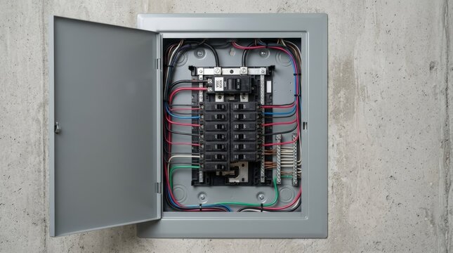 Open electrical breaker panel with neat wiring and circuit switches installed in modern concrete wall for residential power distribution