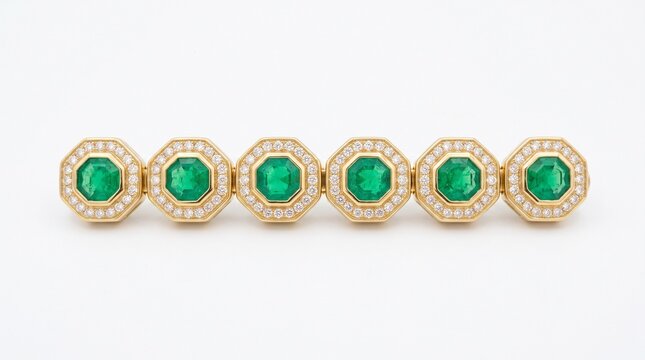 Elegant gold bracelet featuring vibrant emerald gemstones and brilliant diamonds arranged horizontally on white background