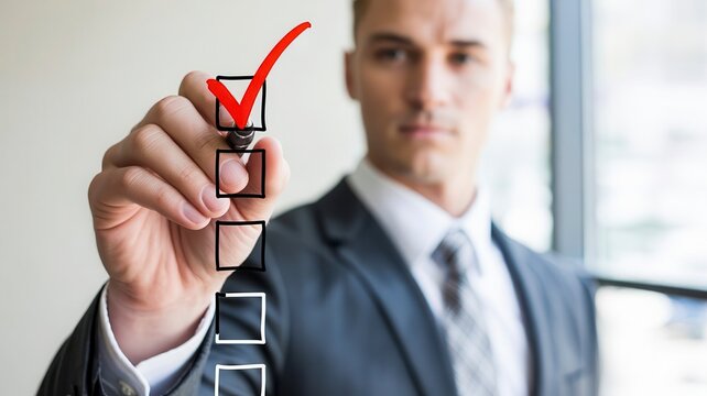 Successful businessman marking red checkmark on checklist, executive completing tasks on glass screen, quality control and goal achievement.
