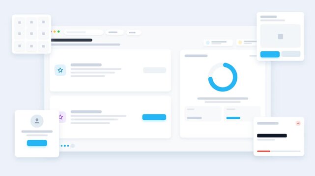 Original rearranged layout animation of a clean modern SaaS analytics and workflow dashboard on a 4K canvas, featuring dynamic floating metric cards, team collaboration widget, progress donut visual