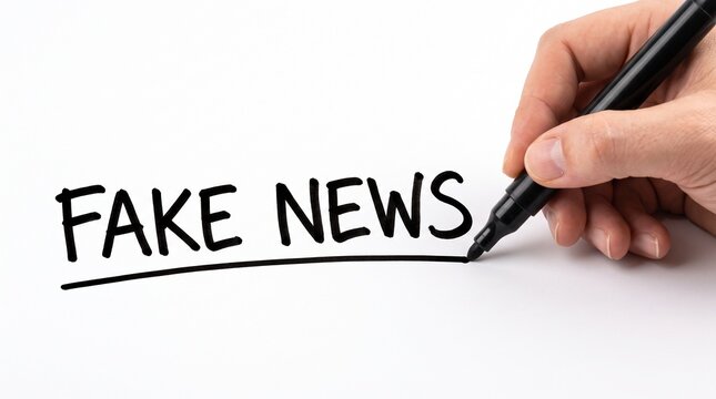 Hand writing fake news using black marker on white paper sheet surface on white background