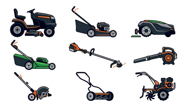 Lawn Mower and Garden Power Tool Equipment Icon Set with Riding Tractor String Trimmer Leaf Blower and Tiller for Landscaping Services