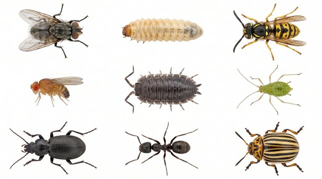 Various diverse insect species arranged in a collection set showing macro details on white background