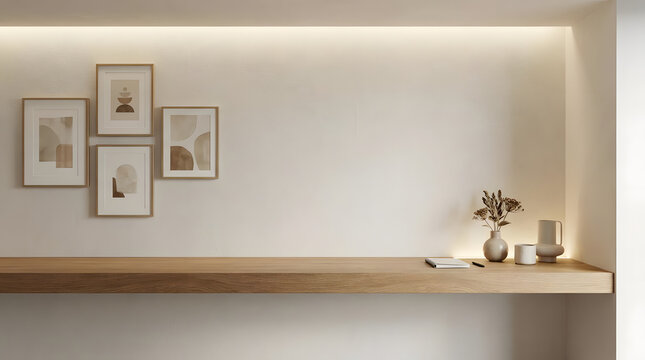 Minimalist wood shelf with frames and ceramic vase.