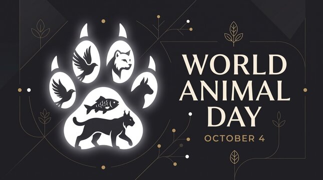 World Animal Day October 4 2026 Glowing Paw Print with Animal Silhouettes Vector Illustration on Dark Background