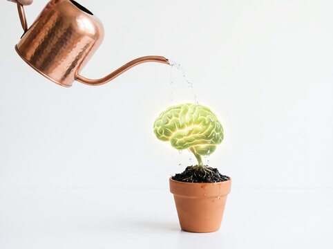 Watering a glowing human brain plant in a pot for personal growth and intelligence development