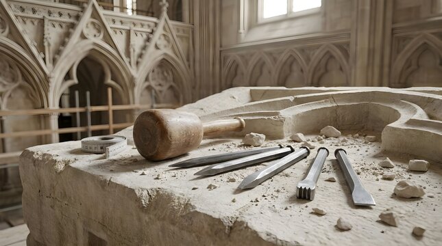 Stone Mason Tools Resting on Cathedral Restoration Site
