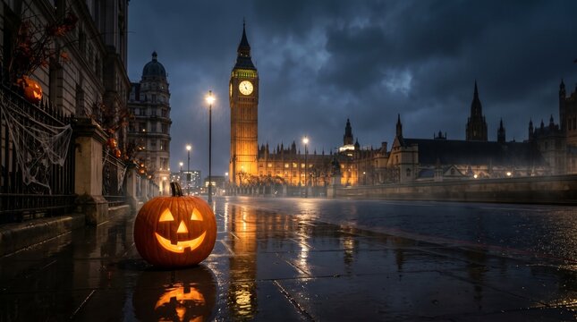 Rainy Halloween Night at Big Ben in London
