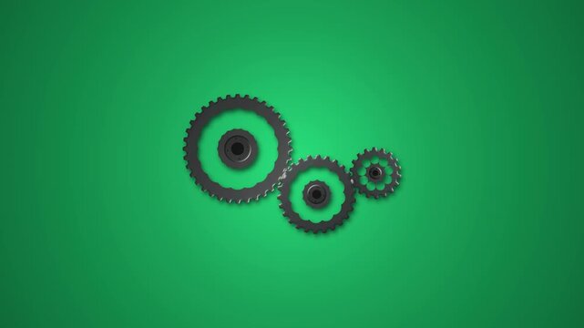 3D Black Rotating Industrial Gears Loop Animation on Green Background