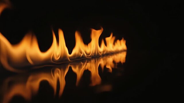 Bright orange fire flames dancing in a row over black reflective surface creating mesmerizing motion in this high quality video