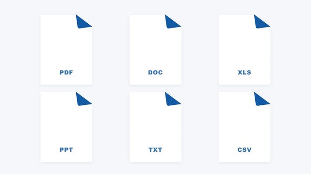 Minimal animated document file icon set featuring PDF, DOC, XLS, PPT, TXT, and CSV file types.