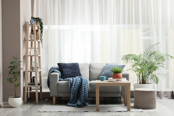 Home comfort and interior design, cozy living room with grey sofa and soft blue throw blanket in a bright modern apartment with indoor plants © Pixel-Shot