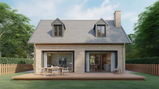 Modern stone cottage with wooden deck and garden, contemporary family house exterior with dormer windows, luxury residential property architecture