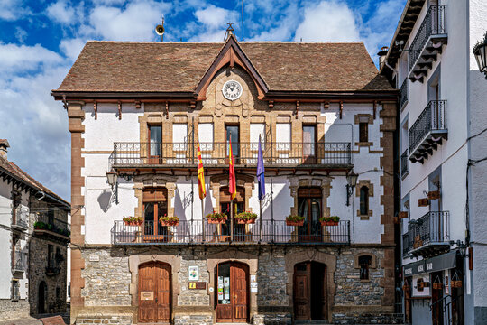 Saint Peter church in the beautiful village Anso, Pyrenees region, Huesca, Aragon, Spain.
