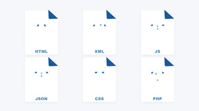 Minimalist 1-color family (Tech Blue system) programming file icon set featuring HTML, XML, JS, JSON, CSS, and PHP document symbols with clean line-drawing activation and unified motion grammar.