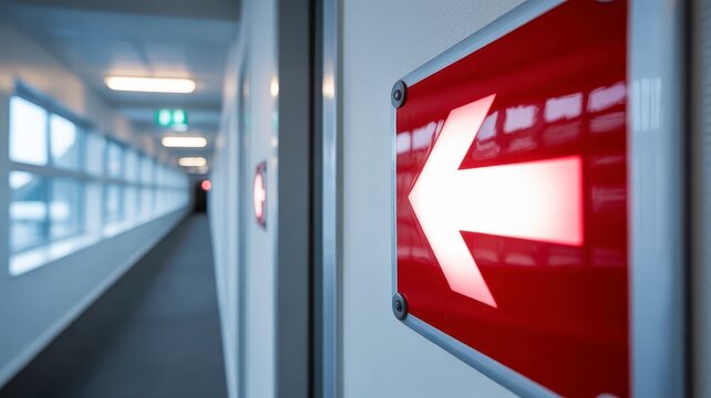 Red directional arrow sign in modern office hallway, emergency exit guidance symbol, indoor navigation signage for corporate building safety