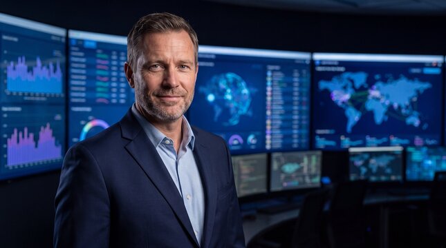 Confident corporate executive standing in advanced financial operations center surrounded by global market dashboards, business intelligence, data analytics and leadership concept