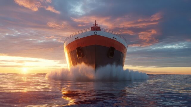 Massive cargo ship sailing through ocean at sunset, industrial freight vessel on calm sea, global maritime logistics and shipping transport