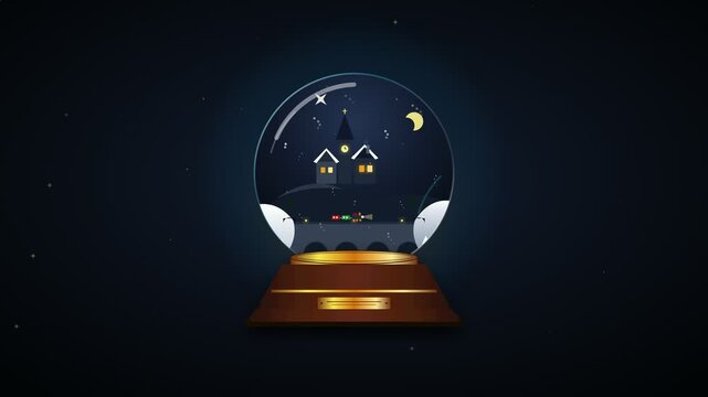 Celestial Snowglobe Loop Animation with European Winter Town Moving Train and Swirling Snowstorm
