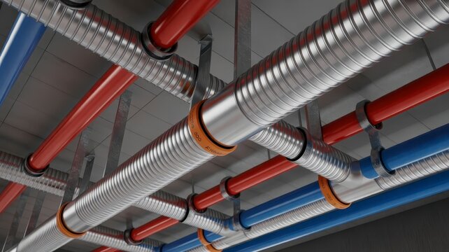 Industrial HVAC ventilation system, silver flexible air ducts and colorful steel pipes on ceiling, modern building utility infrastructure