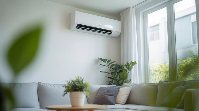 Modern air conditioner on white wall in bright living room, split system AC unit cooling contemporary interior, energy efficient climate control