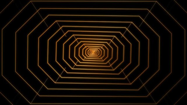 Glowing Golden Geometric Octagonal Tunnel In Continuous Seamless Motion Representing A Futuristic Digital Cyberspace And Advanced Data Networking.