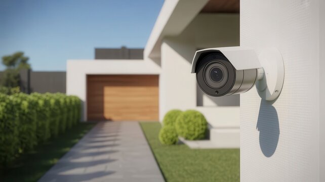 Modern security camera mounted on white wall of luxury house, smart home surveillance system for residential protection, outdoor cctv monitoring