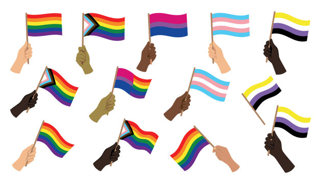 LGBTQ Pride Flag Icon Set with Hands Holding Rainbow Progress Bisexual Transgender and Nonbinary Banners for Community Events Diversity Support and Human Rights Designs