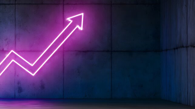 Pink neon arrow sign on dark concrete wall with blue lighting