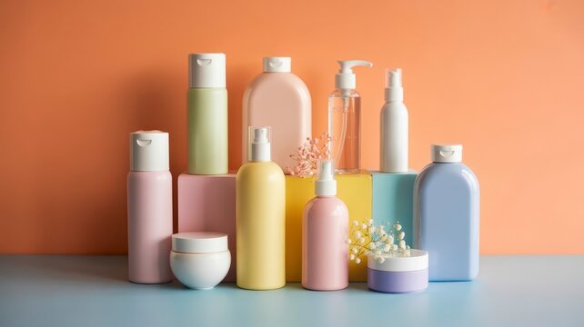 Pastel cosmetic packaging collection on colorful podiums, blank skincare bottles and jars for branding, minimalist beauty product containers