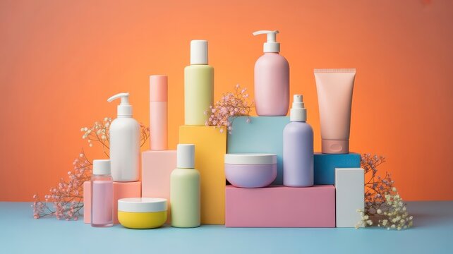 Pastel skincare product collection on geometric podiums, colorful cosmetic bottles and jars for beauty branding, minimalist makeup packaging set