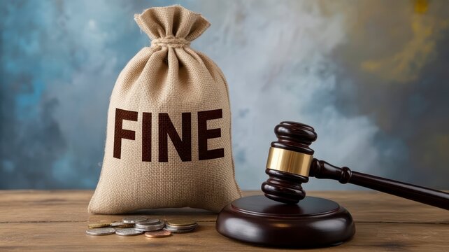 Financial fine money bag and judge gavel on wooden table, legal penalty and court settlement concept, burlap sack with fine text and coins