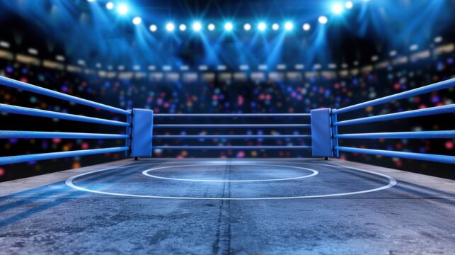Empty boxing ring in an illuminated arena with vibrant lights and a polished floor ready for a match