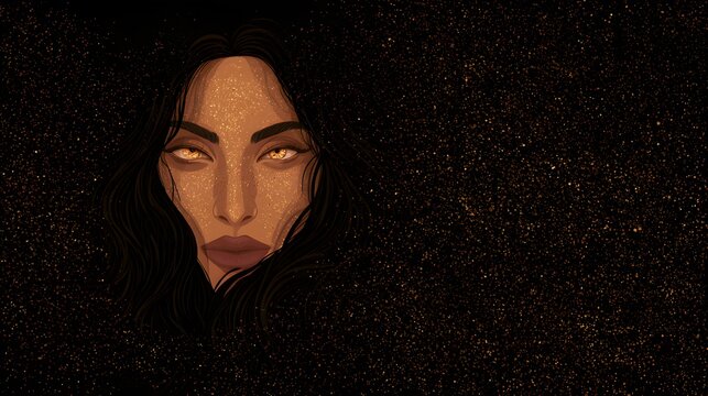 Woman face with gold speckles on dark background with copy space