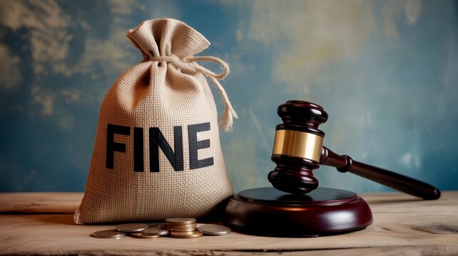 Legal fine money bag with judge gavel, financial penalty concept in courtroom, burlap sack of cash for court settlement and law enforcement