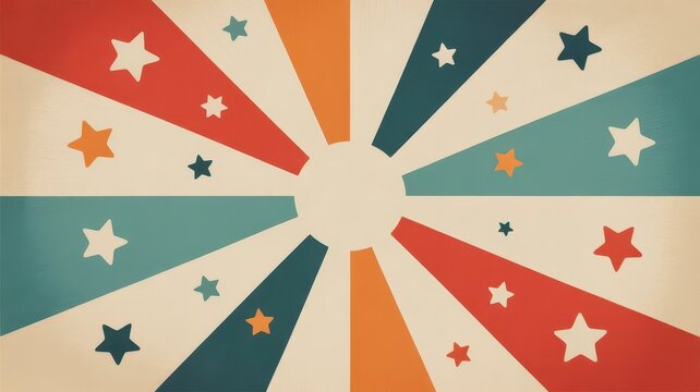 Retro sunburst background with stars, vintage pop art sun rays in muted colors, nostalgic circus style burst pattern for celebration posters